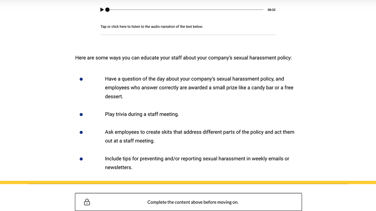 California Manager Harassment Scenarios e learning course